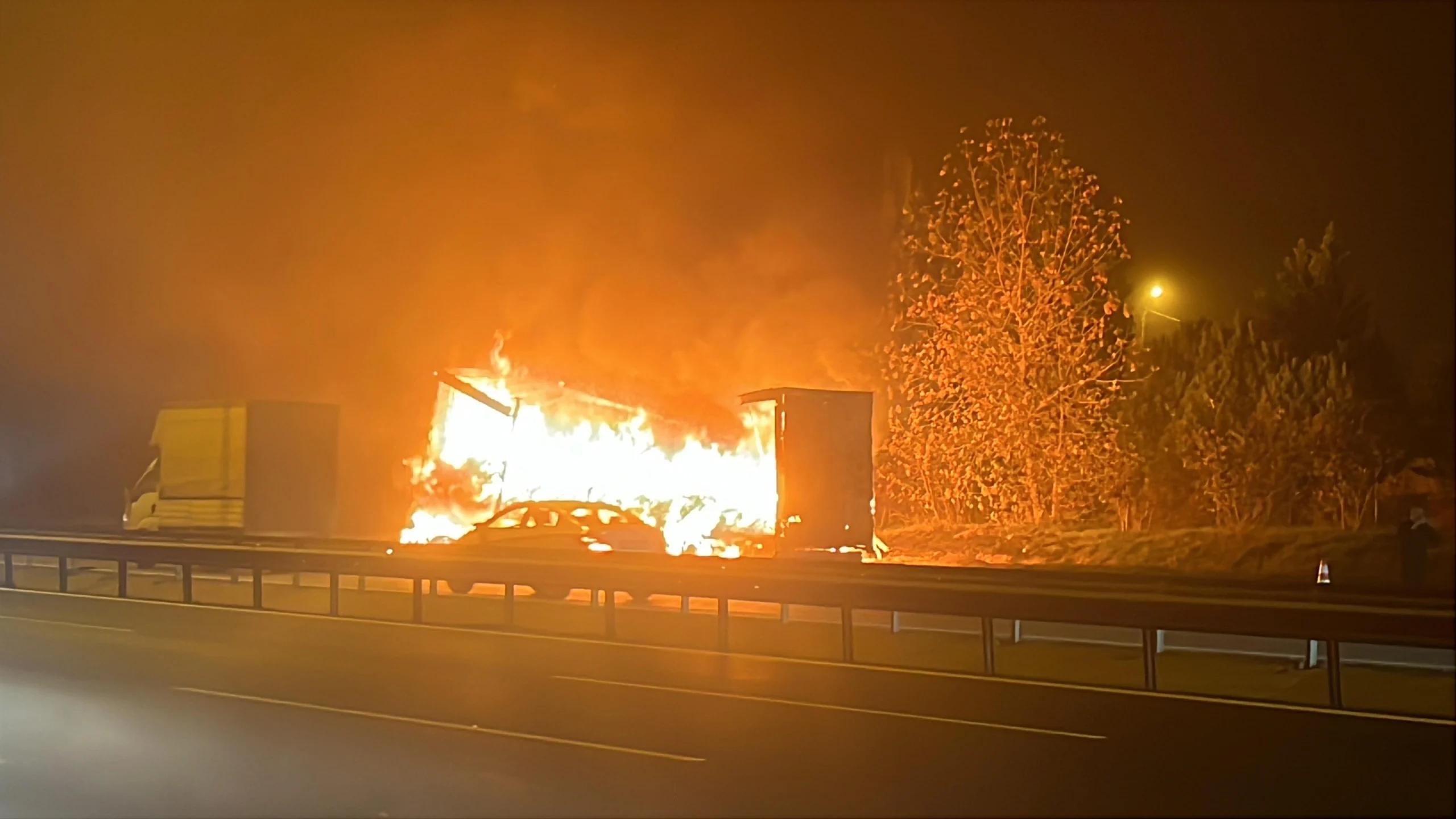 TEM Otoyolu'nun Kocaeli geçişinde seyir halindeki tır alev alev yandı.