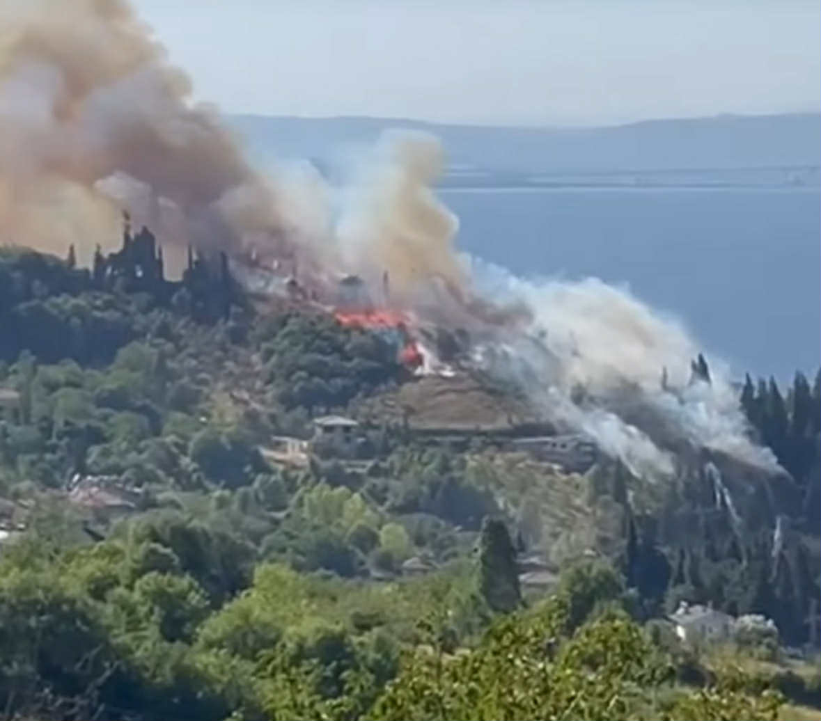 Karamürsel Pazarköy Mahallesi’nde çıkan orman yangını, rüzgarın etkisiyle yerleşim alanlarına