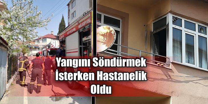 Kocaeli’nin Gebze ilçesinde çıkan mutfakta yanan fırını söndürmeye çalışan kadın