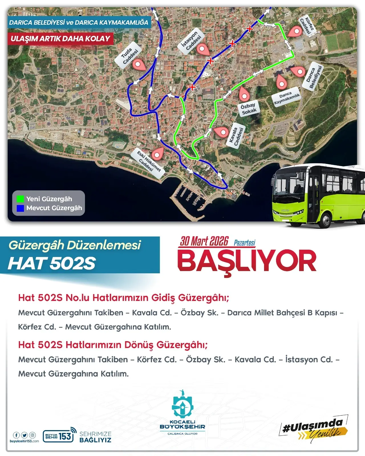 Kocaeli Büyükşehir Belediyesi, Darıca Kaymakamlığı ve Darıca Belediyesi’nin yeni hizmet