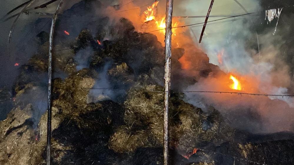 Kocaeli'de sera yangını: 800 saman balyası küle döndü