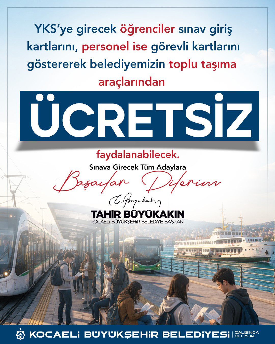 Kocaeli'de YKS sınavının iki günü ulaşım ücretsiz!