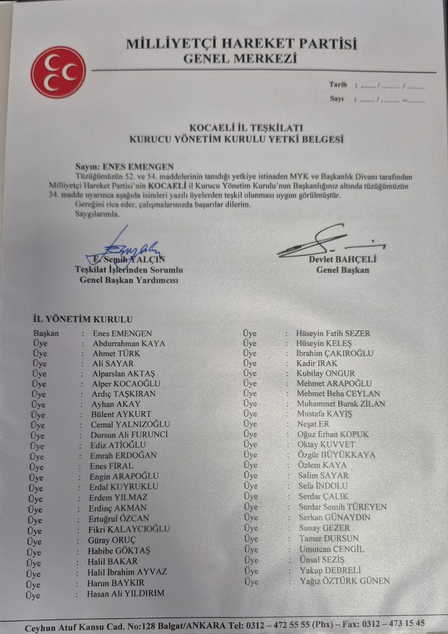 MHP Kocaeli'de İl Yönetim Kurulu listesi netleşti