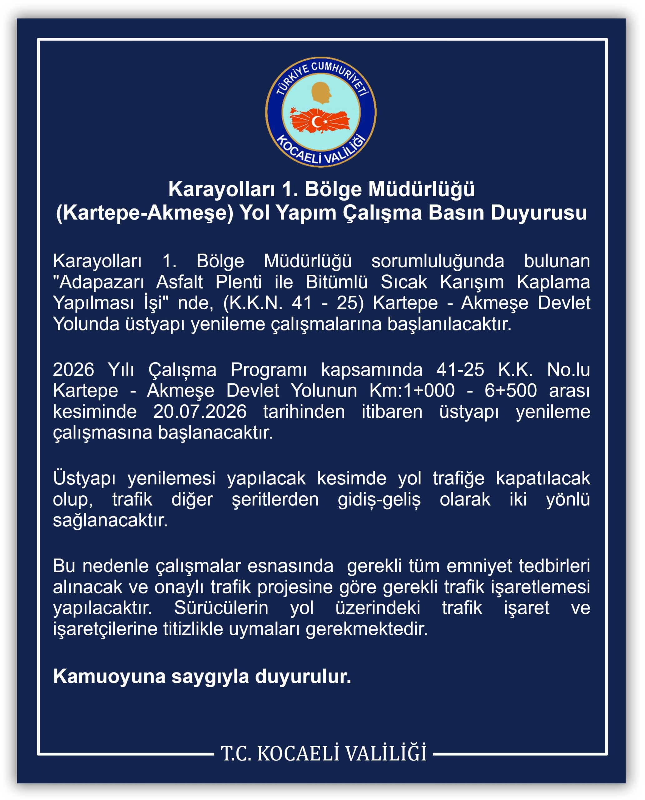 Kocaeli dikkat! O yol trafiğe kapanacak