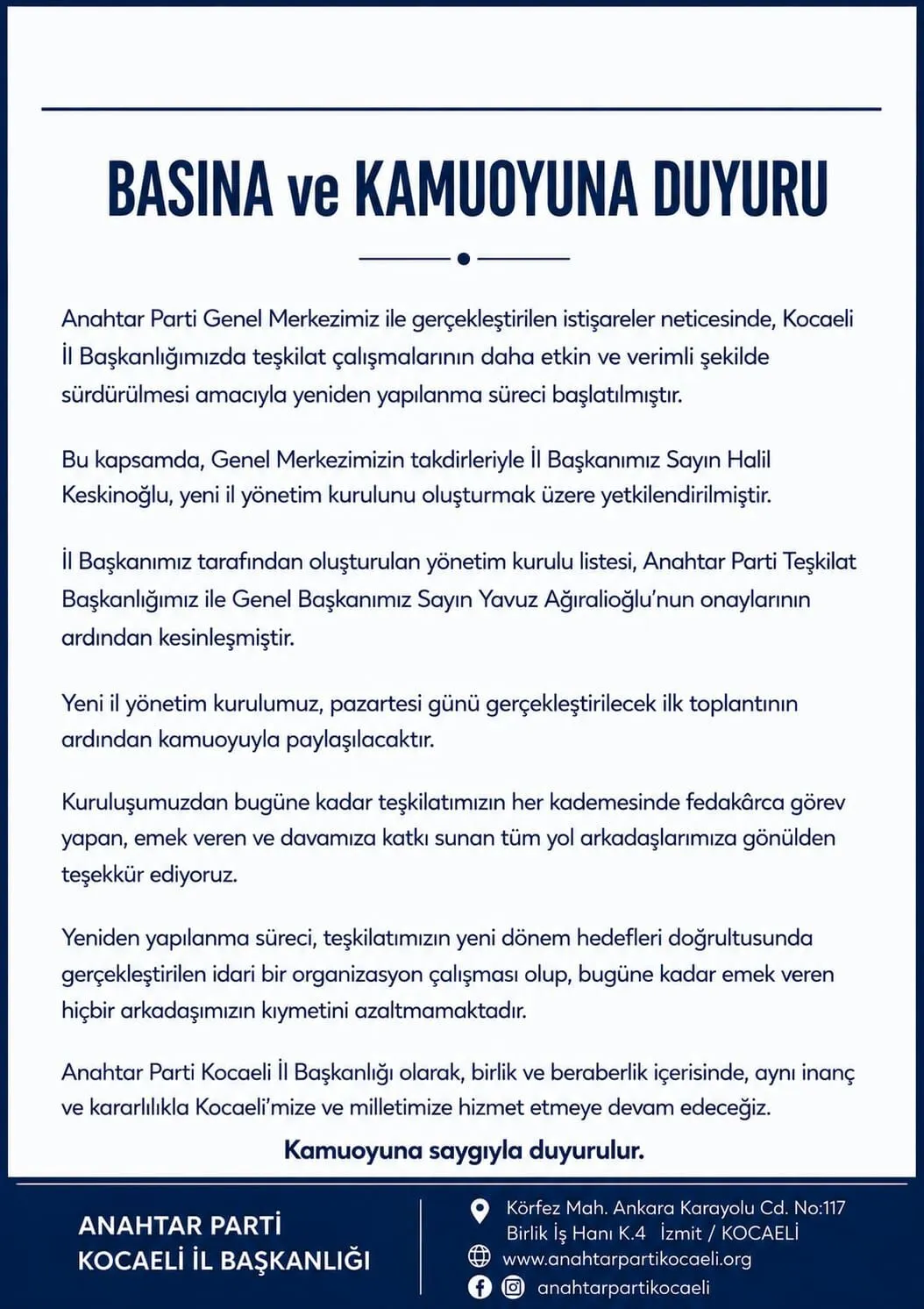 Anahtar Parti Kocaeli'nden Kamuoyuna Açıklama: "Fesih Yok, Yeniden Yapılanma Var"