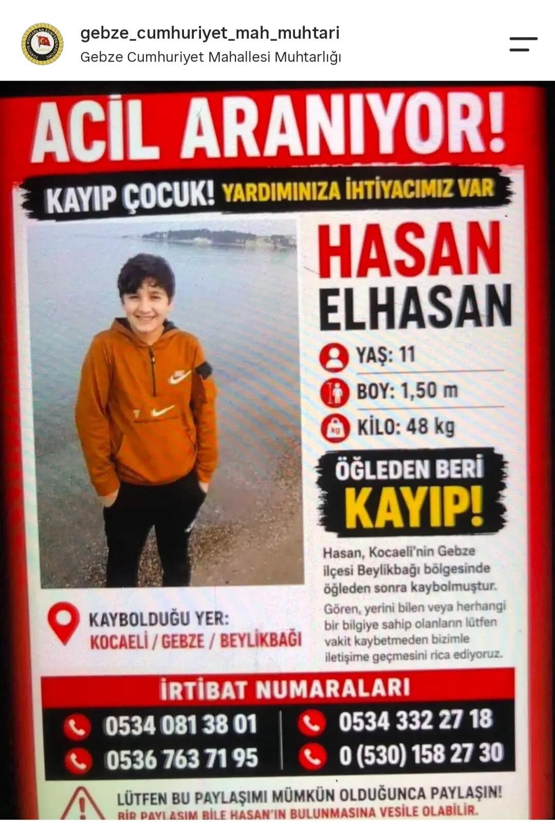 Kocaeli'de 11 yaşındaki Hasan her yerde aranıyor