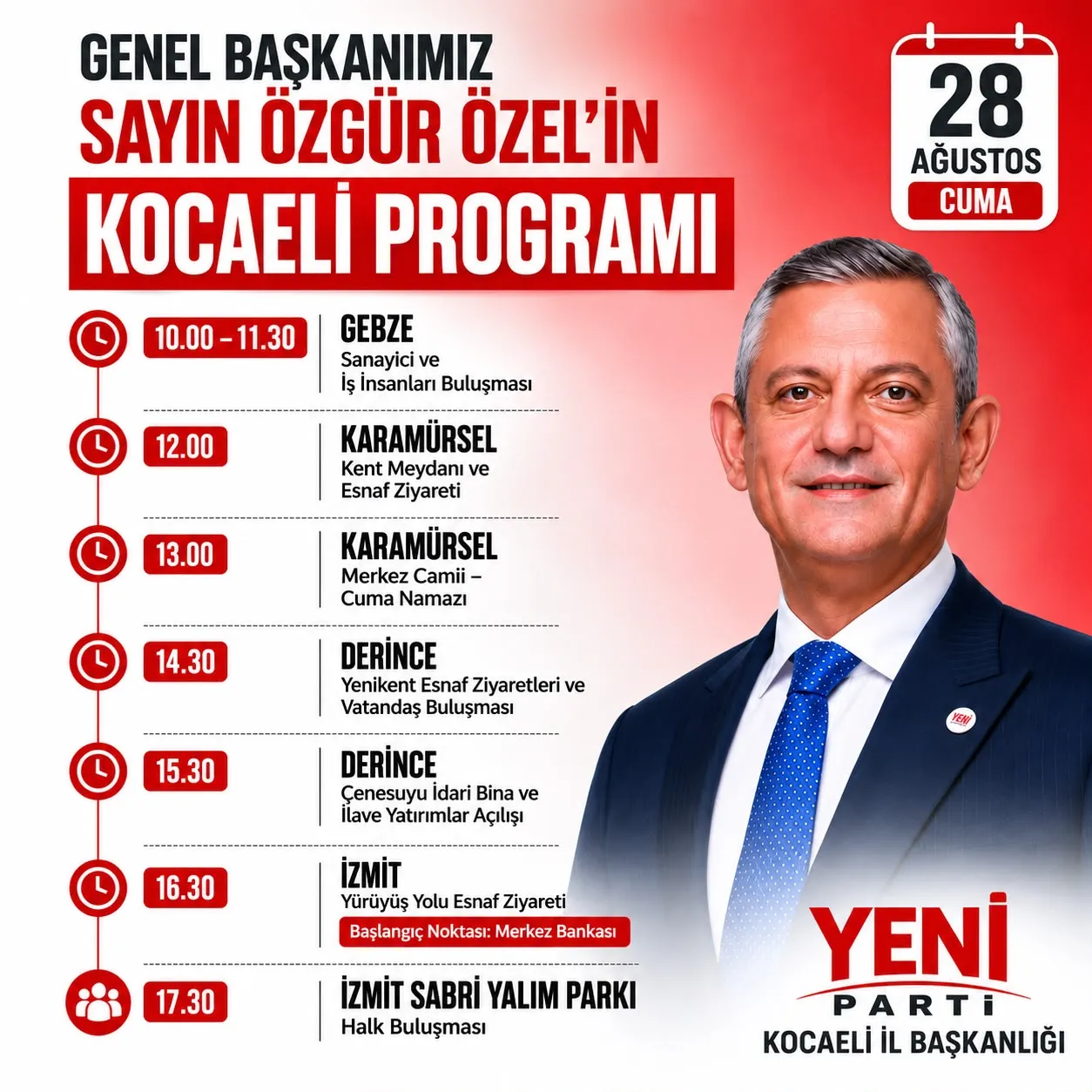 Yeni Parti Genel Başkanı Özgür Özel Kocaeli'ye geliyor: İşte saat saat tüm program