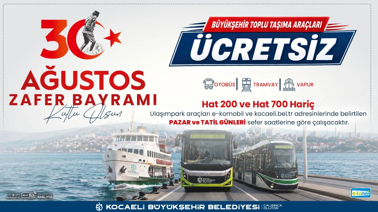 30 Ağustos Zafer Bayramı'nda Kocaeli'de ulaşım ücretsiz olacak