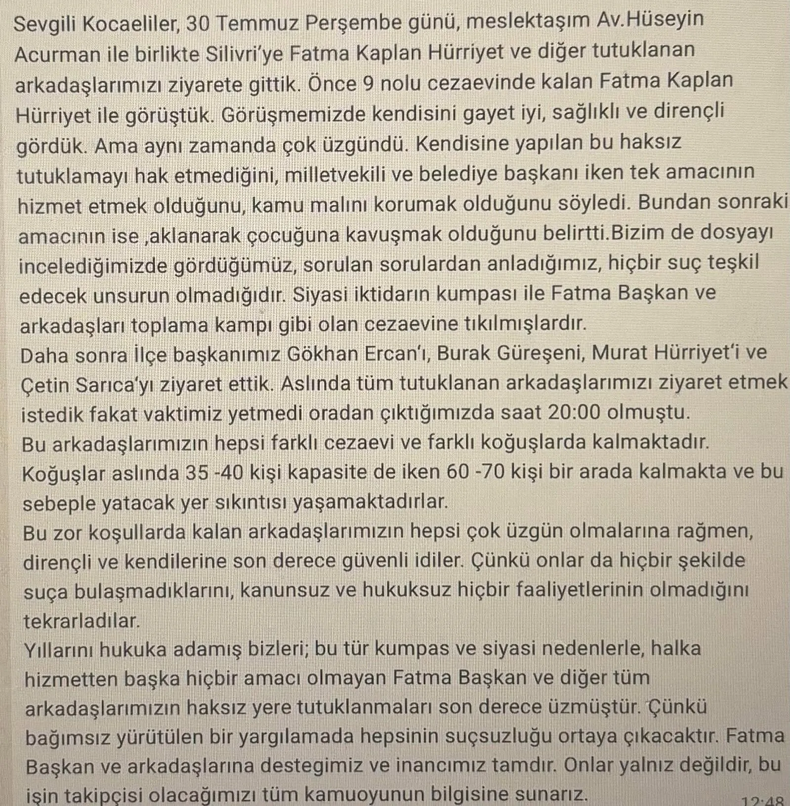 Silivri'de Fatma Kaplan Hürriyet'le Görüşen Sarıbay konuştu