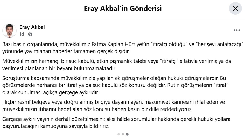 Fatma Kaplan Hürriyet’in avukatından “itirafçı oldu” haberlerine sert yalanlama