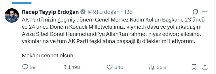 Cumhurbaşkanı Erdoğan’dan Azize Sibel Gönül için taziye mesajı