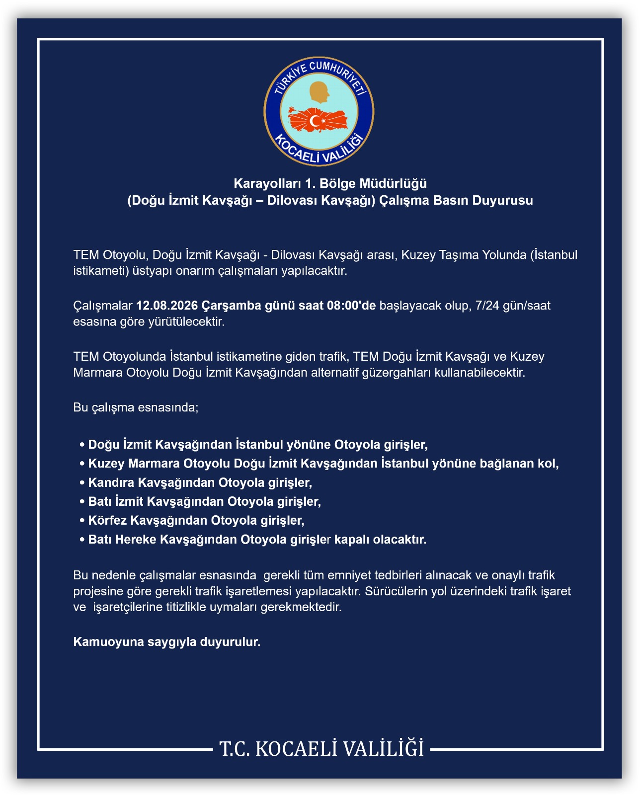 Kocaeli dikkat! TEM Otoyolu trafiğe kapanıyor